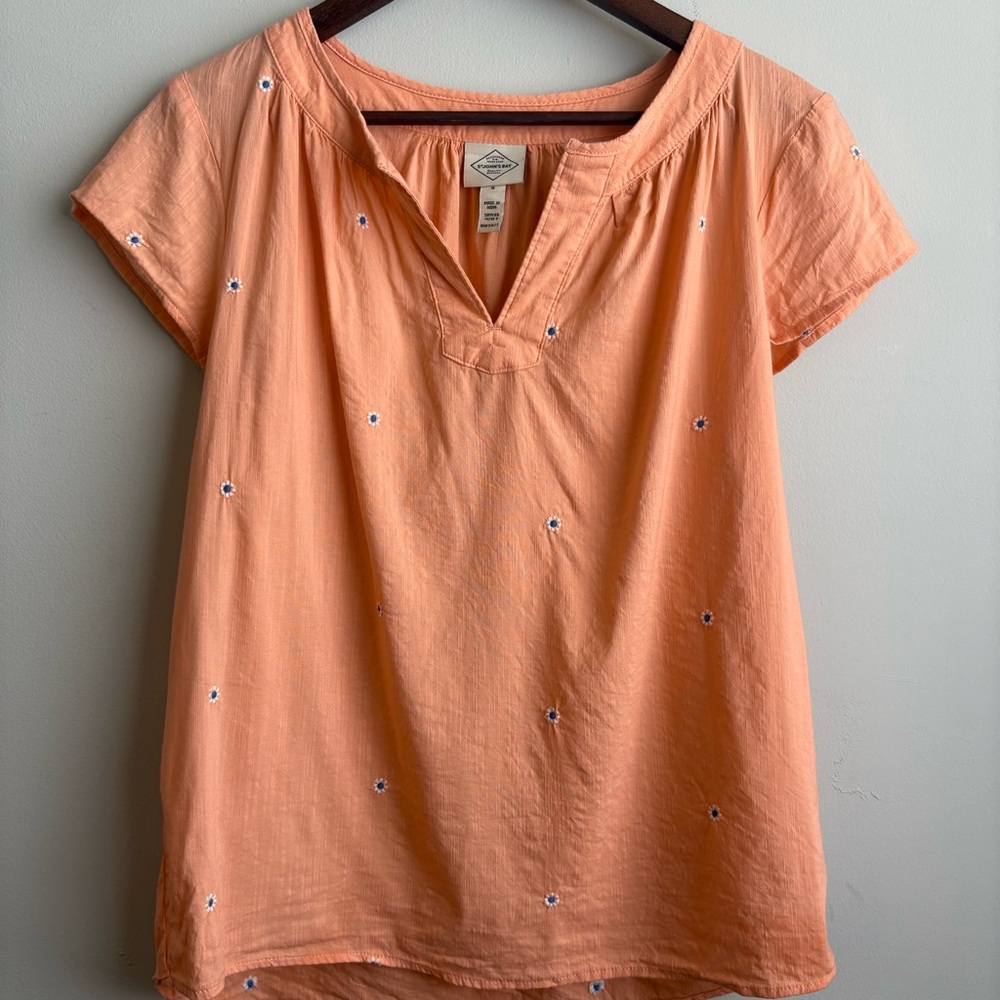 St. John's Bay Peach Short-Sleeve Embroidered V-Notch Top - Picture 3 of 5